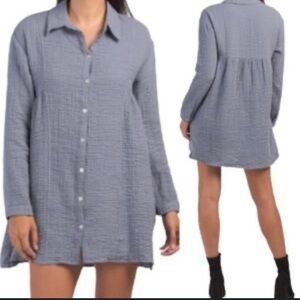 NWT Zara Relaxed Fit Gauzy Button Up Babydoll Shirt Dress XS Dusty Blue